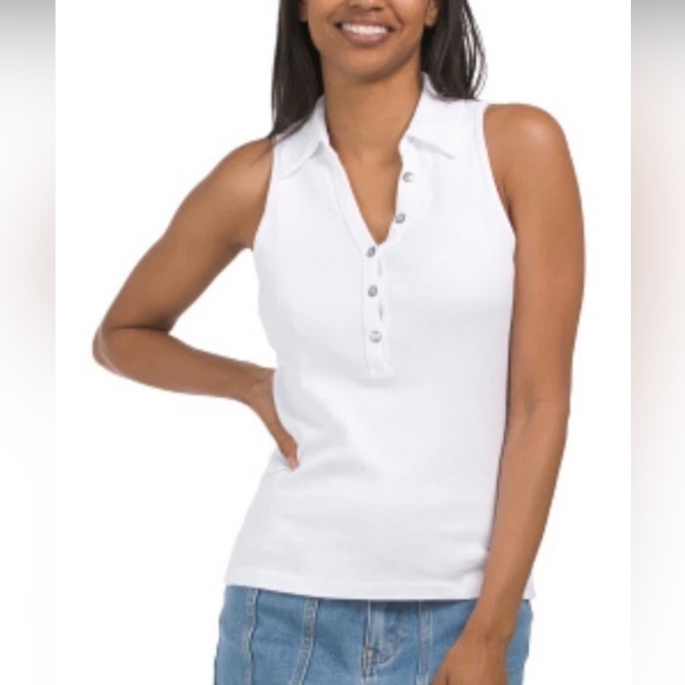 Ellie Tahari super soft ribbed sleeveless polo top. Size Large